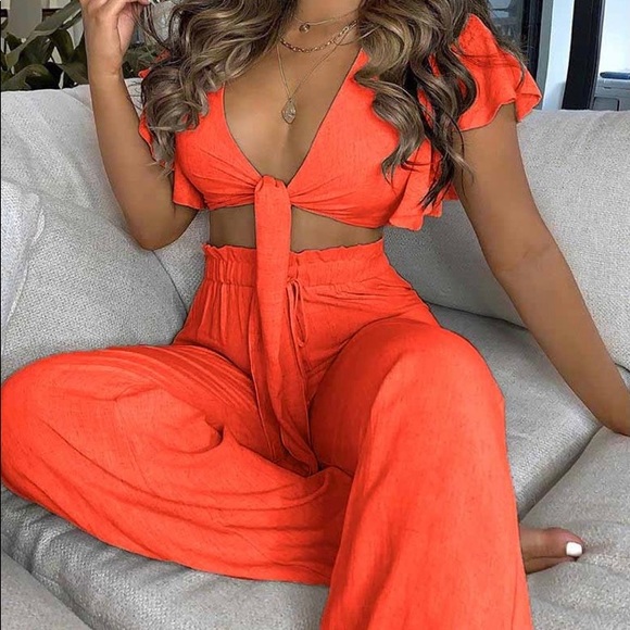 Ruffled Trimmed Knotted Crop Top & High Waist pant - Picture 2 of 5